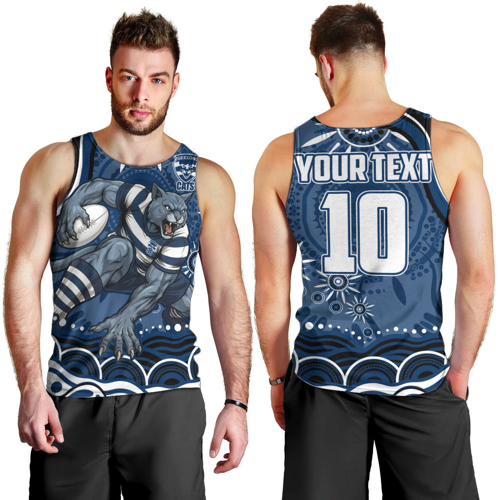 Personalized Geelong Cats Rugby Mascot Men Tank Top Aboriginal Dot Art - Dreamtime Football Mascot