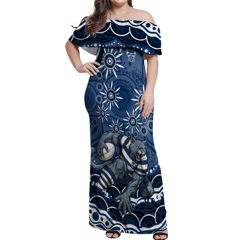 Personalized Geelong Cats Rugby Mascot Off Shoulder Maxi Dress Aboriginal Dot Art - Dreamtime Football Mascot