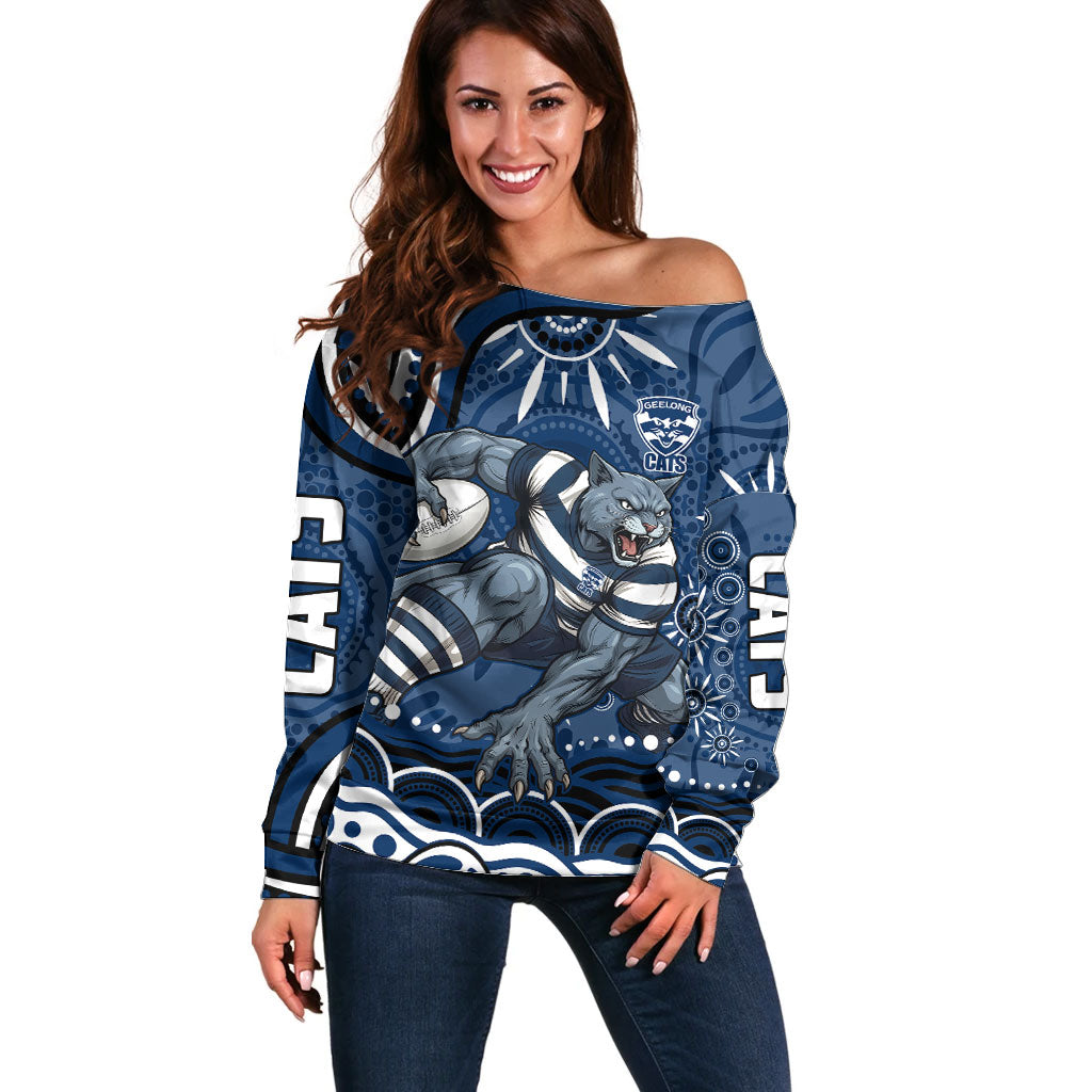 Personalized Geelong Cats Rugby Mascot Off Shoulder Sweater Aboriginal Dot Art - Dreamtime Football Mascot