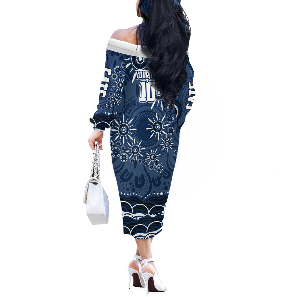 Personalized Geelong Cats Rugby Mascot Off The Shoulder Long Sleeve Dress Aboriginal Dot Art - Dreamtime Football Mascot