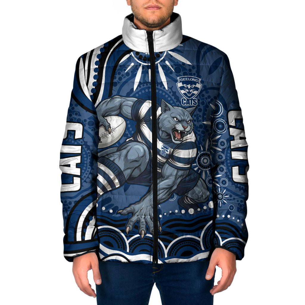 Personalized Geelong Cats Rugby Mascot Padded Jacket Aboriginal Dot Art - Dreamtime Football Mascot