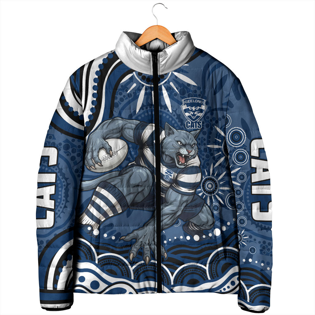Personalized Geelong Cats Rugby Mascot Padded Jacket Aboriginal Dot Art - Dreamtime Football Mascot
