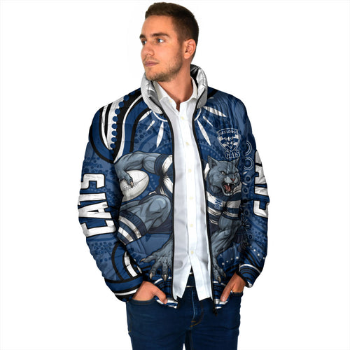 Personalized Geelong Cats Rugby Mascot Padded Jacket Aboriginal Dot Art - Dreamtime Football Mascot