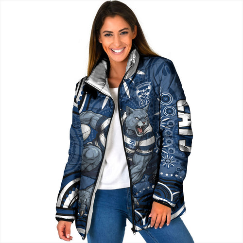 Personalized Geelong Cats Rugby Mascot Padded Jacket Aboriginal Dot Art - Dreamtime Football Mascot