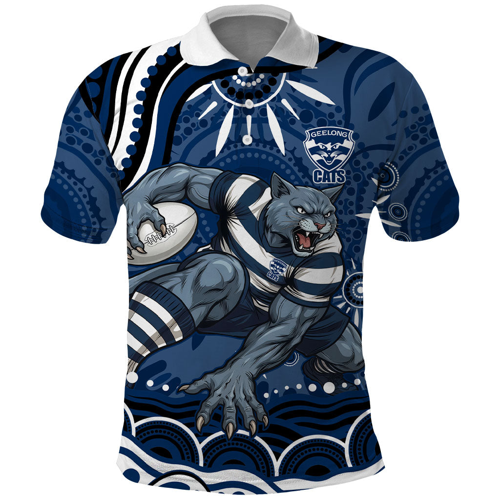 Personalized Geelong Cats Rugby Mascot Polo Shirt Aboriginal Dot Art - Dreamtime Football Mascot