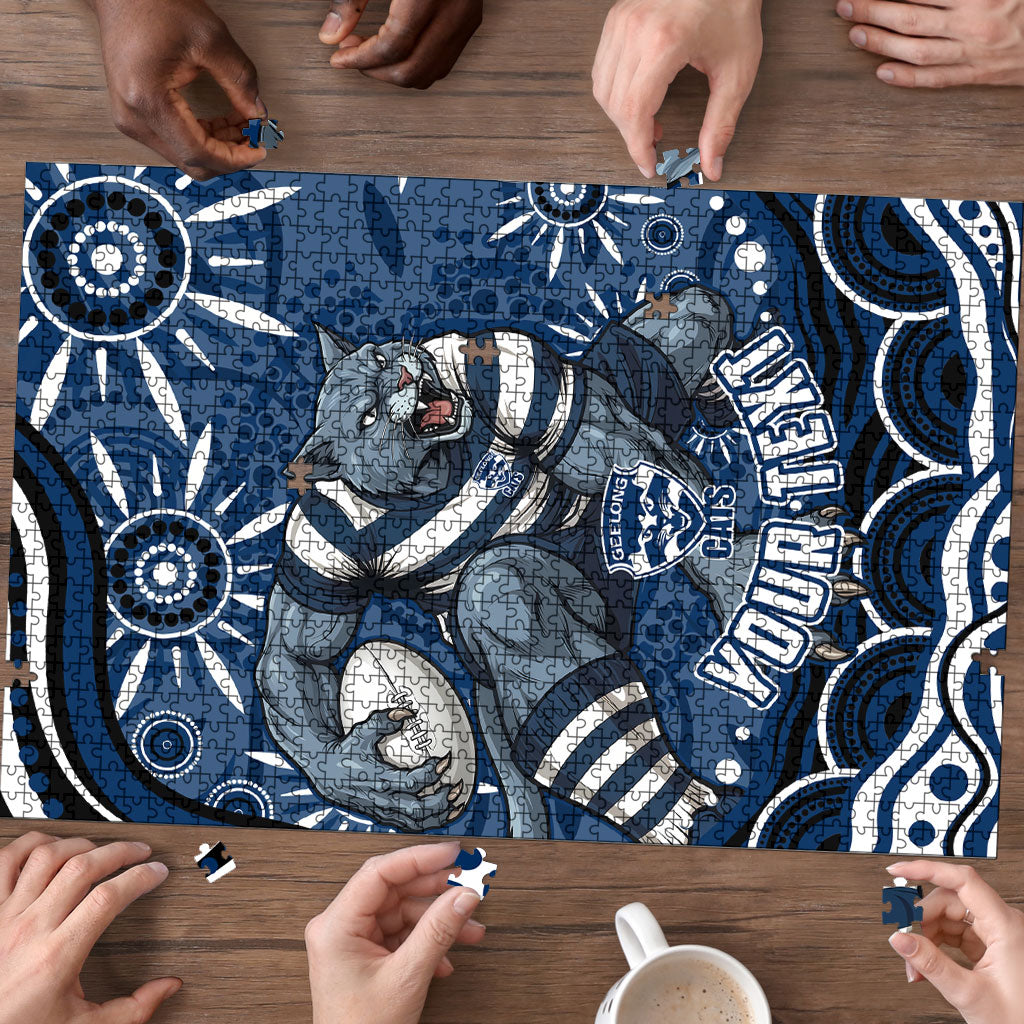 Personalized Geelong Cats Rugby Mascot Puzzle Aboriginal Dot Art - Dreamtime Football Mascot