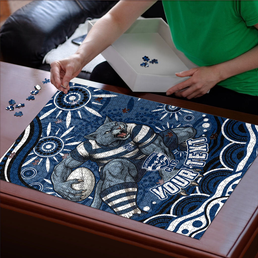 Personalized Geelong Cats Rugby Mascot Puzzle Aboriginal Dot Art - Dreamtime Football Mascot