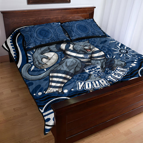 Personalized Geelong Cats Rugby Mascot Quilt Bed Set Aboriginal Dot Art - Dreamtime Football Mascot