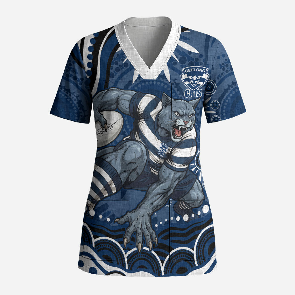 Personalized Geelong Cats Rugby Mascot Scrub Top Aboriginal Dot Art - Dreamtime Football Mascot