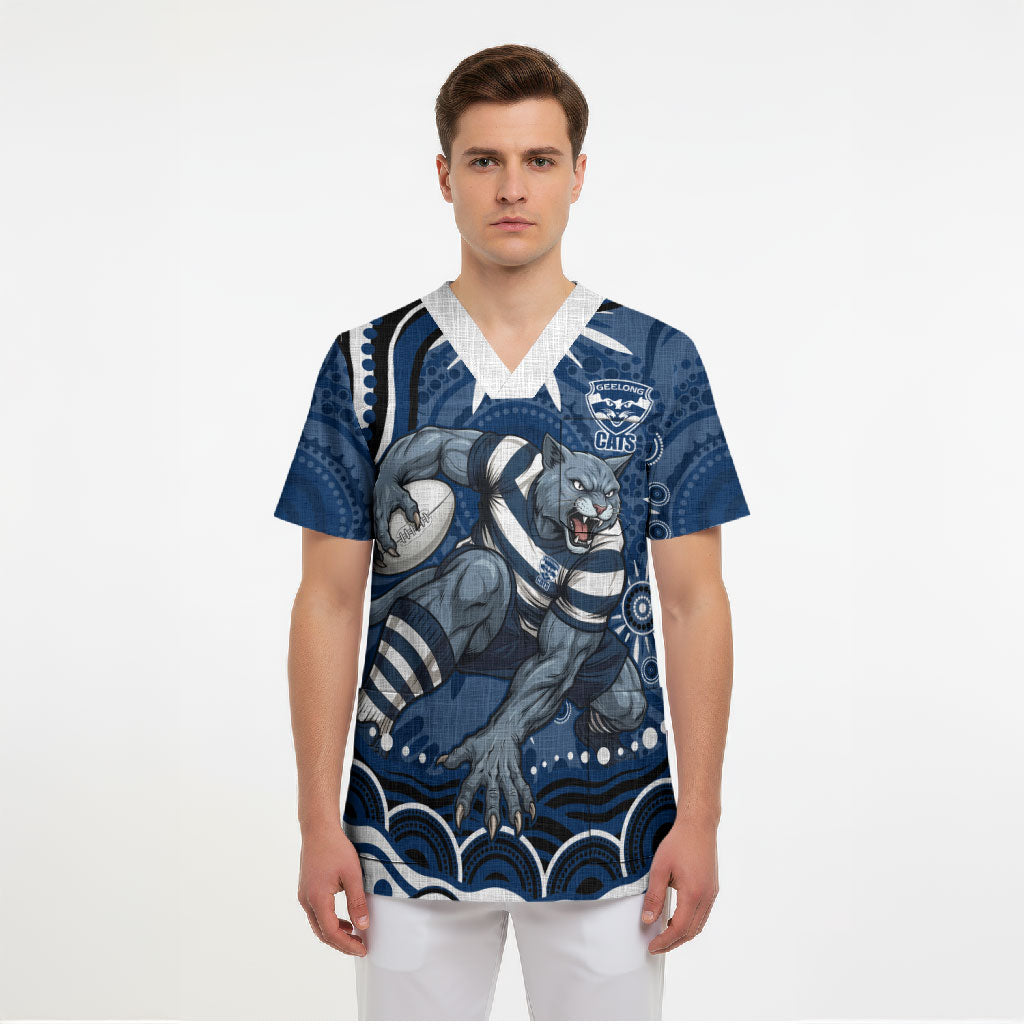 Personalized Geelong Cats Rugby Mascot Scrub Top Aboriginal Dot Art - Dreamtime Football Mascot