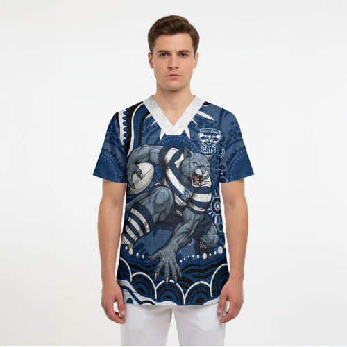 Personalized Geelong Cats Rugby Mascot Scrub Top Aboriginal Dot Art - Dreamtime Football Mascot