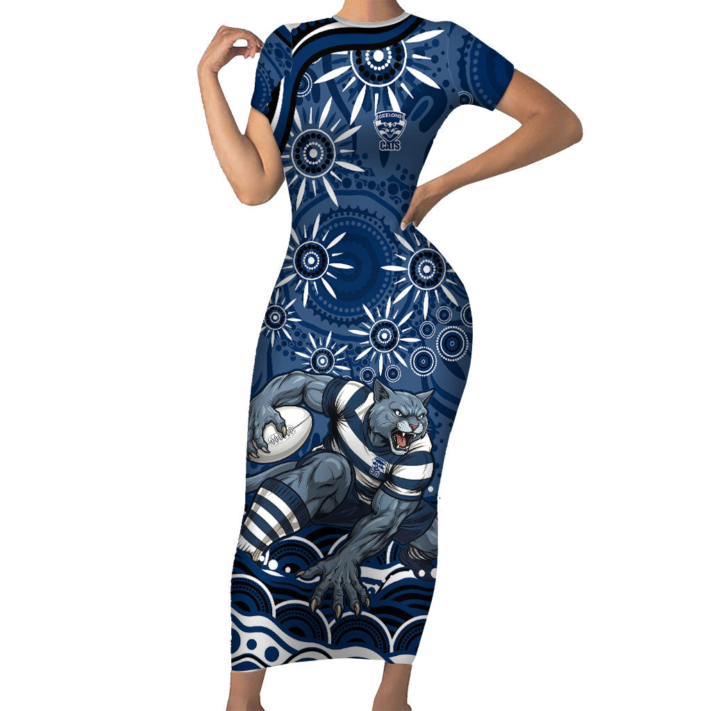 Personalized Geelong Cats Rugby Mascot Short Sleeve Bodycon Dress Aboriginal Dot Art - Dreamtime Football Mascot