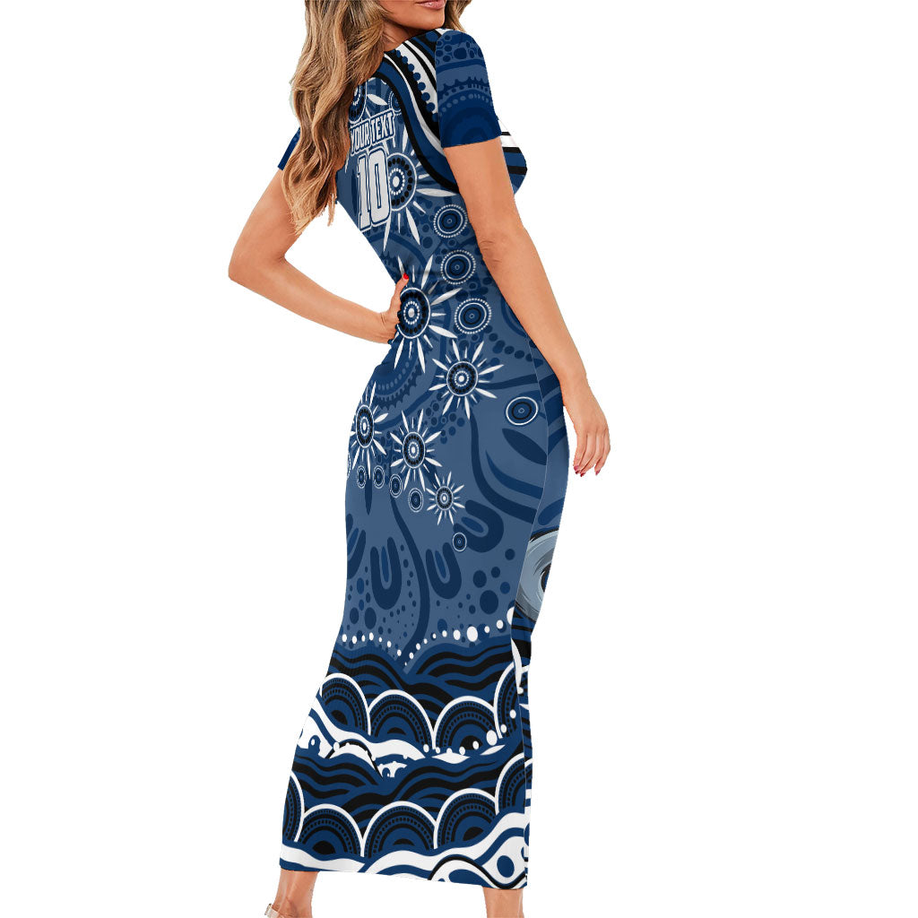 Personalized Geelong Cats Rugby Mascot Short Sleeve Bodycon Dress Aboriginal Dot Art - Dreamtime Football Mascot