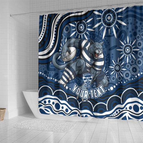 Personalized Geelong Cats Rugby Mascot Shower Curtain Aboriginal Dot Art - Dreamtime Football Mascot