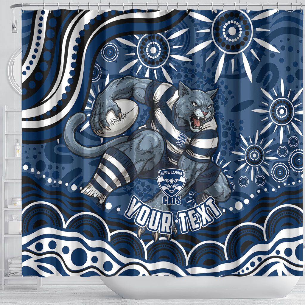 Personalized Geelong Cats Rugby Mascot Shower Curtain Aboriginal Dot Art - Dreamtime Football Mascot