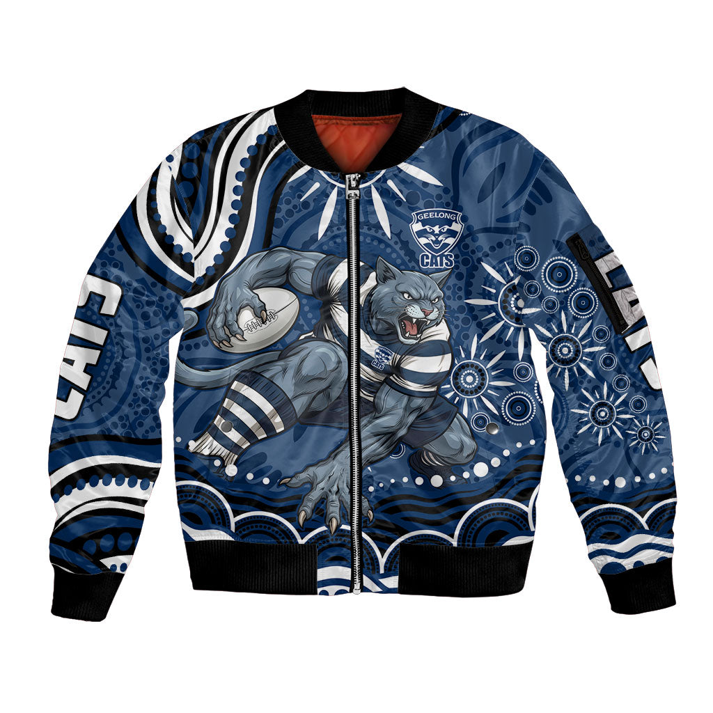Personalized Geelong Cats Rugby Mascot Sleeve Zip Bomber Jacket Aboriginal Dot Art - Dreamtime Football Mascot