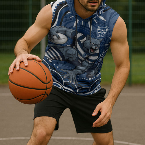 Personalized Geelong Cats Rugby Mascot Sleeveless Hoodie Aboriginal Dot Art - Dreamtime Football Mascot