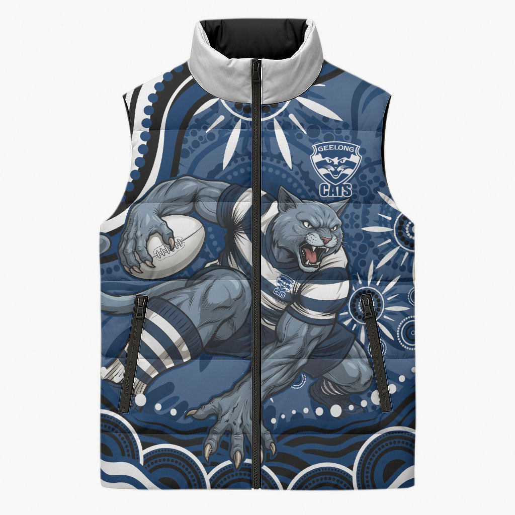 Personalized Geelong Cats Rugby Mascot Sleeveless Puffer Jacket Aboriginal Dot Art - Dreamtime Football Mascot