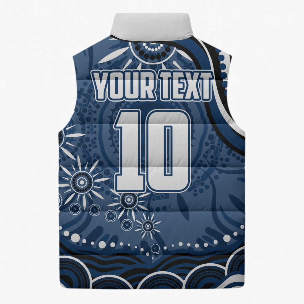 Personalized Geelong Cats Rugby Mascot Sleeveless Puffer Jacket Aboriginal Dot Art - Dreamtime Football Mascot