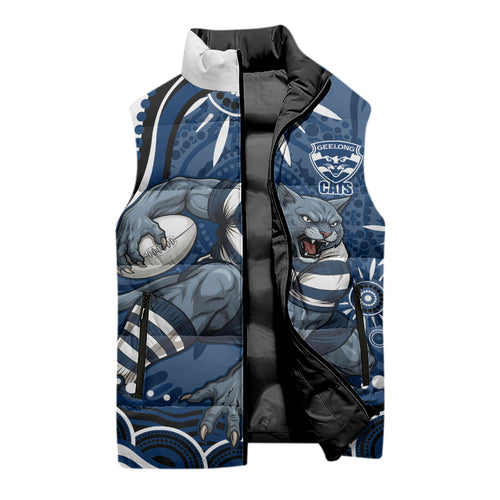 Personalized Geelong Cats Rugby Mascot Sleeveless Puffer Jacket Aboriginal Dot Art - Dreamtime Football Mascot