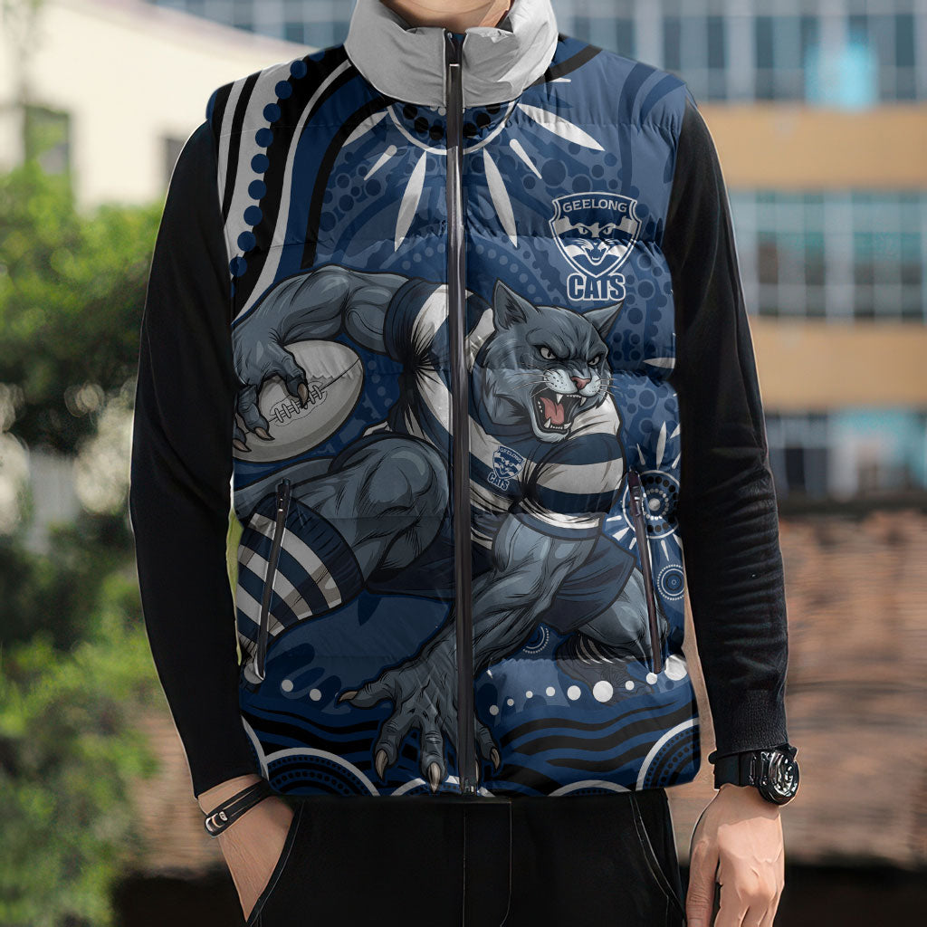 Personalized Geelong Cats Rugby Mascot Sleeveless Puffer Jacket Aboriginal Dot Art - Dreamtime Football Mascot