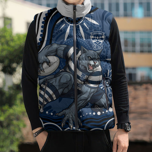 Personalized Geelong Cats Rugby Mascot Sleeveless Puffer Jacket Aboriginal Dot Art - Dreamtime Football Mascot