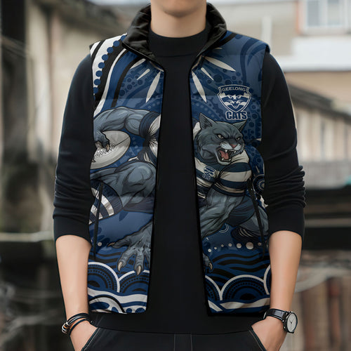 Personalized Geelong Cats Rugby Mascot Sleeveless Puffer Jacket Aboriginal Dot Art - Dreamtime Football Mascot