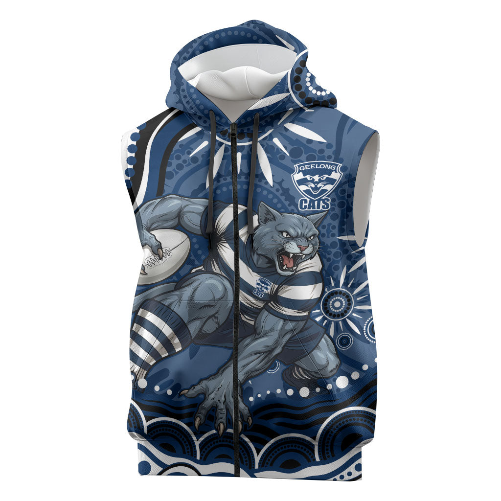 Personalized Geelong Cats Rugby Mascot Sleeveless Zip Hoodie Aboriginal Dot Art - Dreamtime Football Mascot