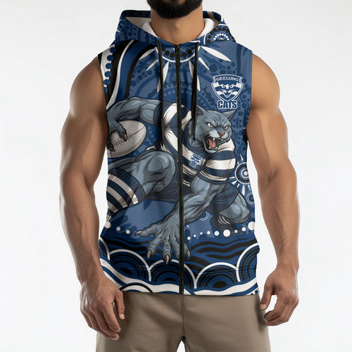 Personalized Geelong Cats Rugby Mascot Sleeveless Zip Hoodie Aboriginal Dot Art - Dreamtime Football Mascot
