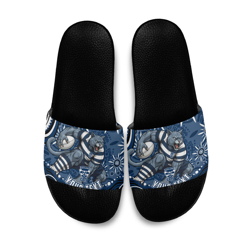 Personalized Geelong Cats Rugby Mascot Slide Sandals Aboriginal Dot Art - Dreamtime Football Mascot