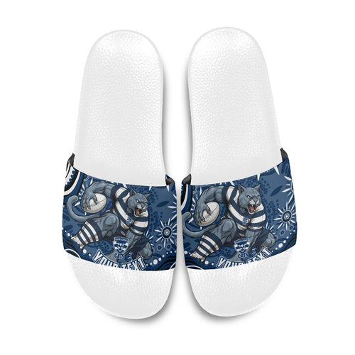 Personalized Geelong Cats Rugby Mascot Slide Sandals Aboriginal Dot Art - Dreamtime Football Mascot
