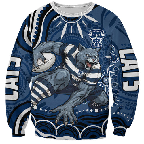 Personalized Geelong Cats Rugby Mascot Sweatshirt Aboriginal Dot Art - Dreamtime Football Mascot