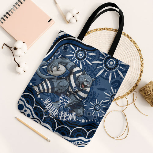 Personalized Geelong Cats Rugby Mascot Tote Bag Aboriginal Dot Art - Dreamtime Football Mascot