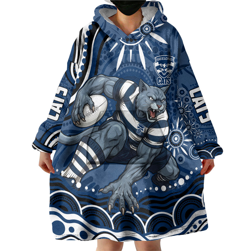 Personalized Geelong Cats Rugby Mascot Wearable Blanket Hoodie Aboriginal Dot Art - Dreamtime Football Mascot