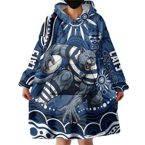 Personalized Geelong Cats Rugby Mascot Wearable Blanket Hoodie Aboriginal Dot Art - Dreamtime Football Mascot