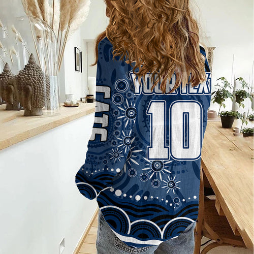 Personalized Geelong Cats Rugby Mascot Women Casual Shirt Aboriginal Dot Art - Dreamtime Football Mascot
