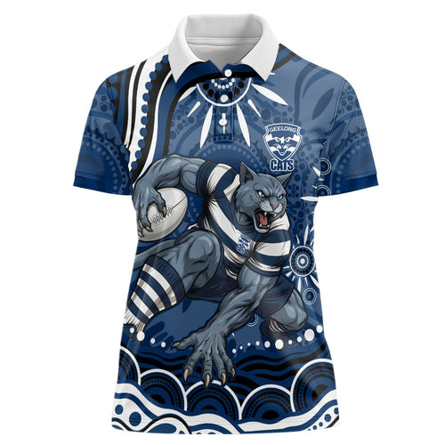 Personalized Geelong Cats Rugby Mascot Women Polo Shirt Aboriginal Dot Art - Dreamtime Football Mascot
