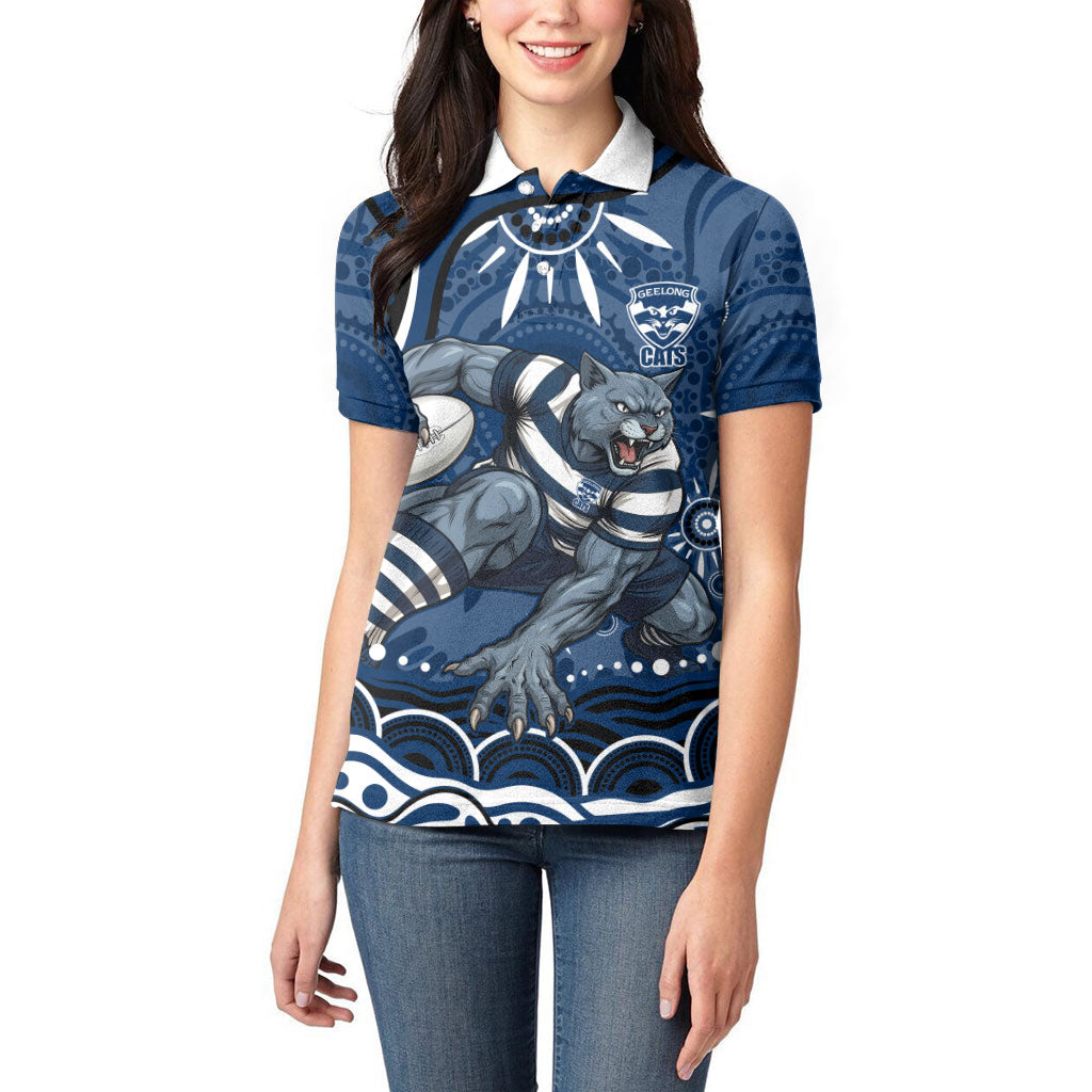 Personalized Geelong Cats Rugby Mascot Women Polo Shirt Aboriginal Dot Art - Dreamtime Football Mascot