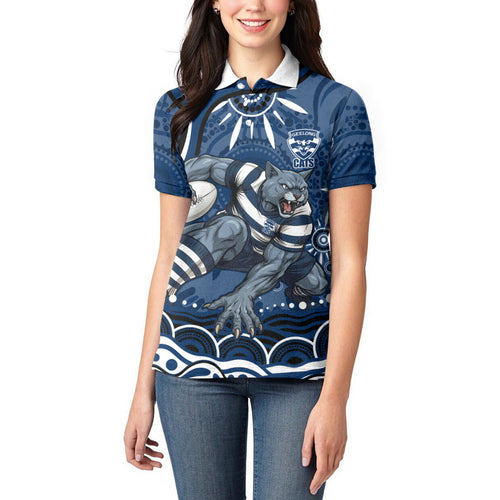 Personalized Geelong Cats Rugby Mascot Women Polo Shirt Aboriginal Dot Art - Dreamtime Football Mascot