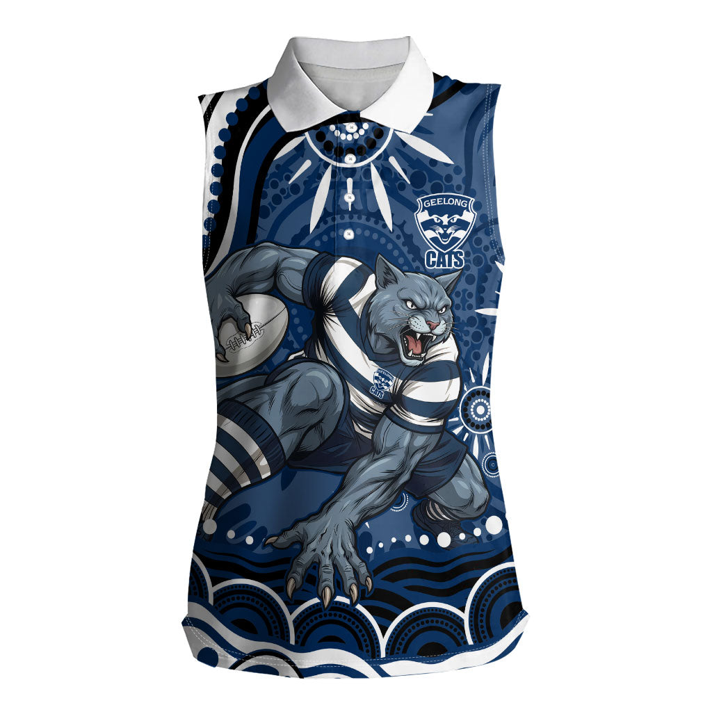 Personalized Geelong Cats Rugby Mascot Women Sleeveless Polo Shirt Aboriginal Dot Art - Dreamtime Football Mascot