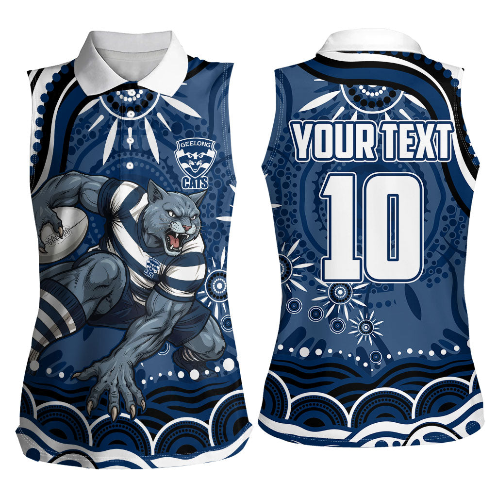 Personalized Geelong Cats Rugby Mascot Women Sleeveless Polo Shirt Aboriginal Dot Art - Dreamtime Football Mascot