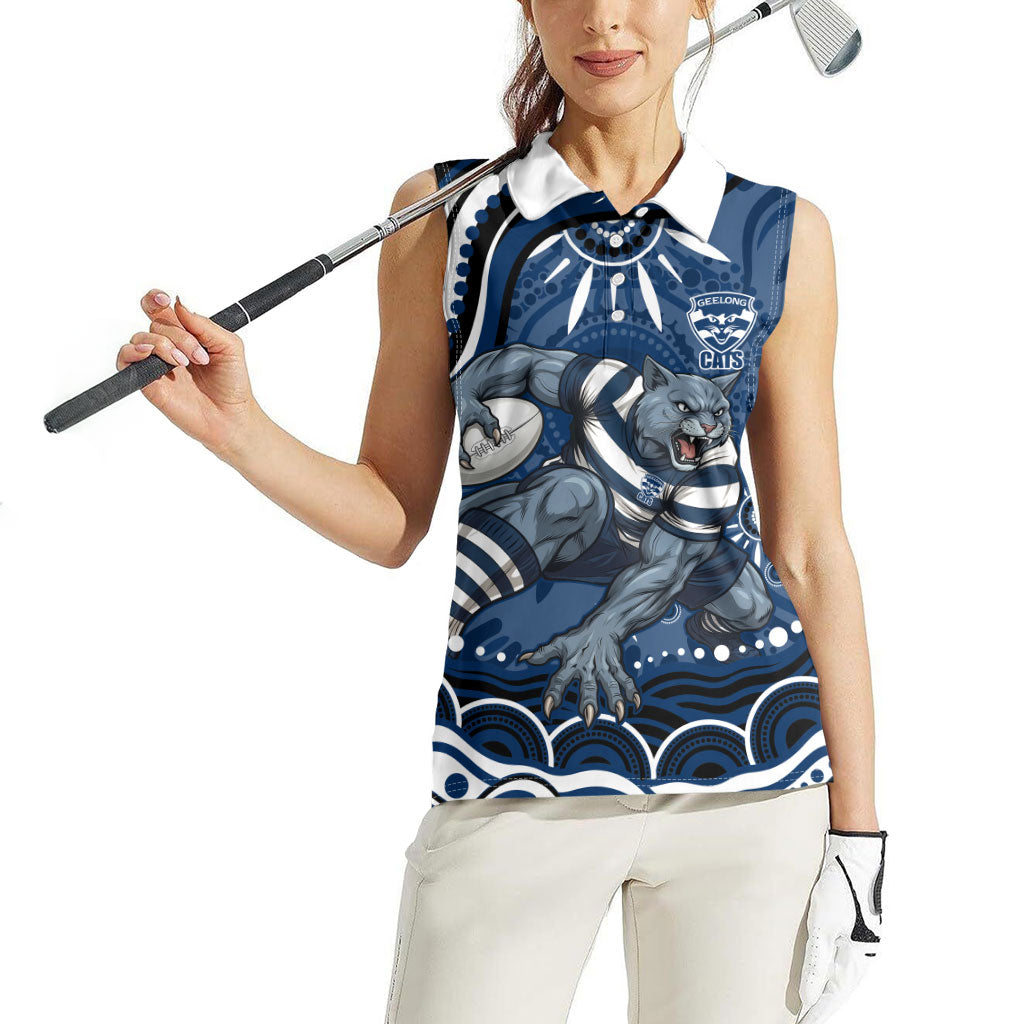 Personalized Geelong Cats Rugby Mascot Women Sleeveless Polo Shirt Aboriginal Dot Art - Dreamtime Football Mascot