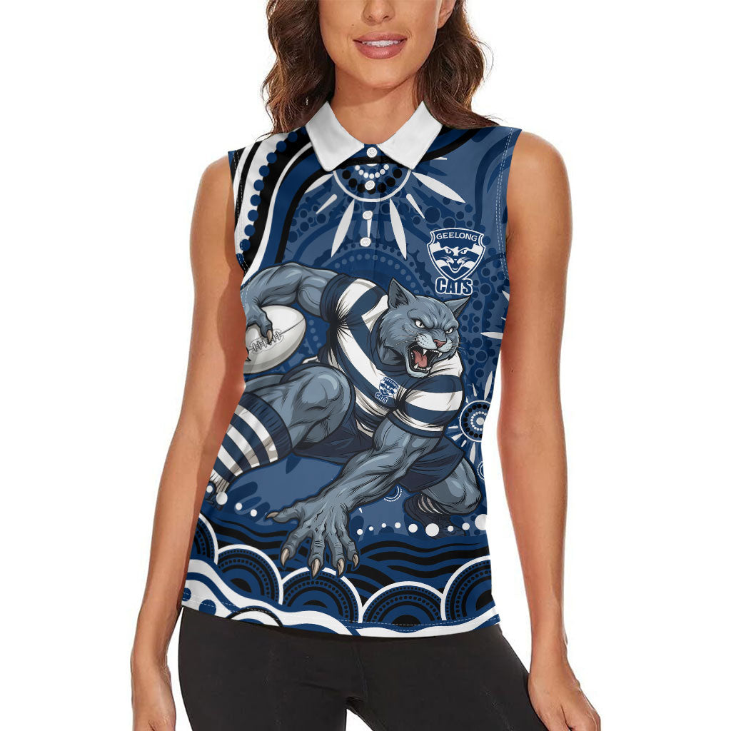 Personalized Geelong Cats Rugby Mascot Women Sleeveless Polo Shirt Aboriginal Dot Art - Dreamtime Football Mascot