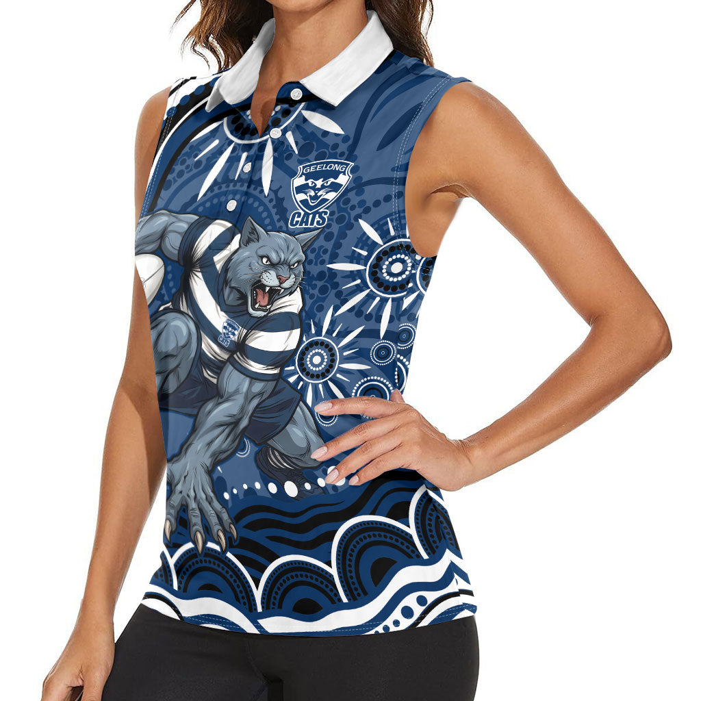 Personalized Geelong Cats Rugby Mascot Women Sleeveless Polo Shirt Aboriginal Dot Art - Dreamtime Football Mascot