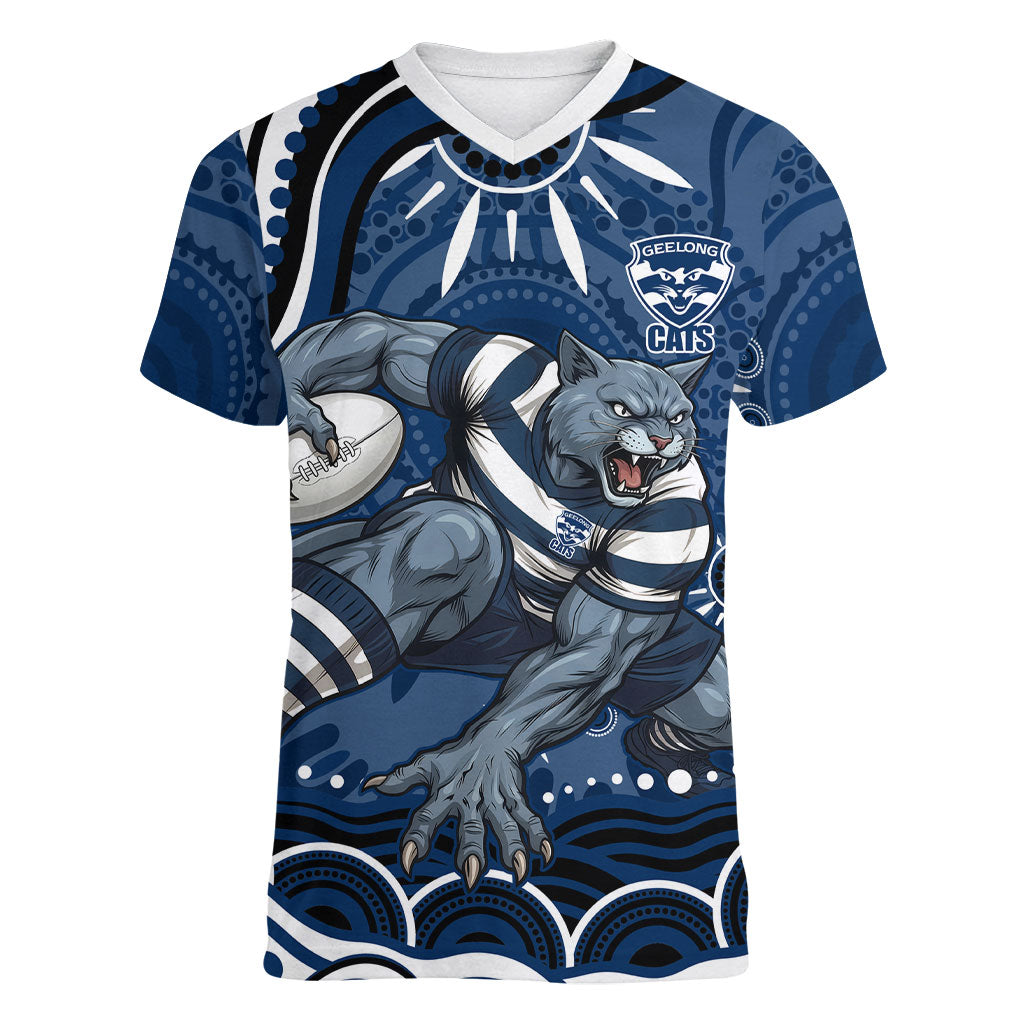 Personalized Geelong Cats Rugby Mascot Women V-Neck T-Shirt Aboriginal Dot Art - Dreamtime Football Mascot