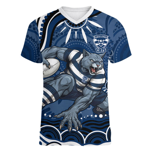 Personalized Geelong Cats Rugby Mascot Women V-Neck T-Shirt Aboriginal Dot Art - Dreamtime Football Mascot