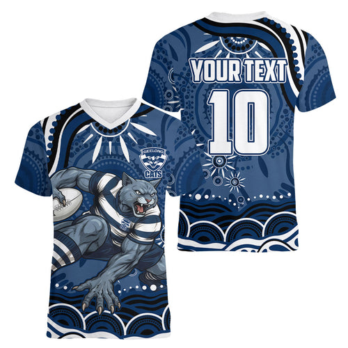 Personalized Geelong Cats Rugby Mascot Women V-Neck T-Shirt Aboriginal Dot Art - Dreamtime Football Mascot