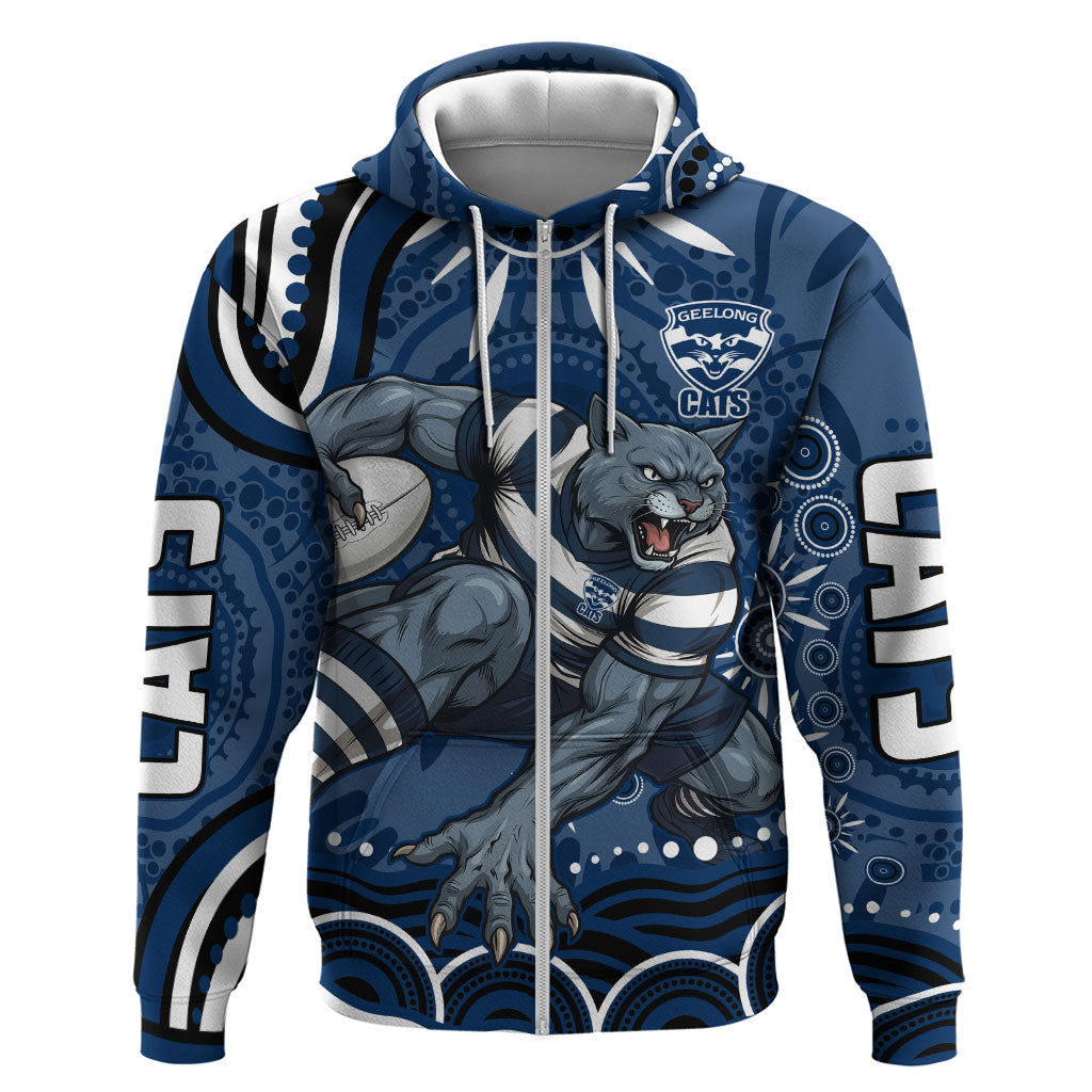 Personalized Geelong Cats Rugby Mascot Zip Hoodie Aboriginal Dot Art - Dreamtime Football Mascot