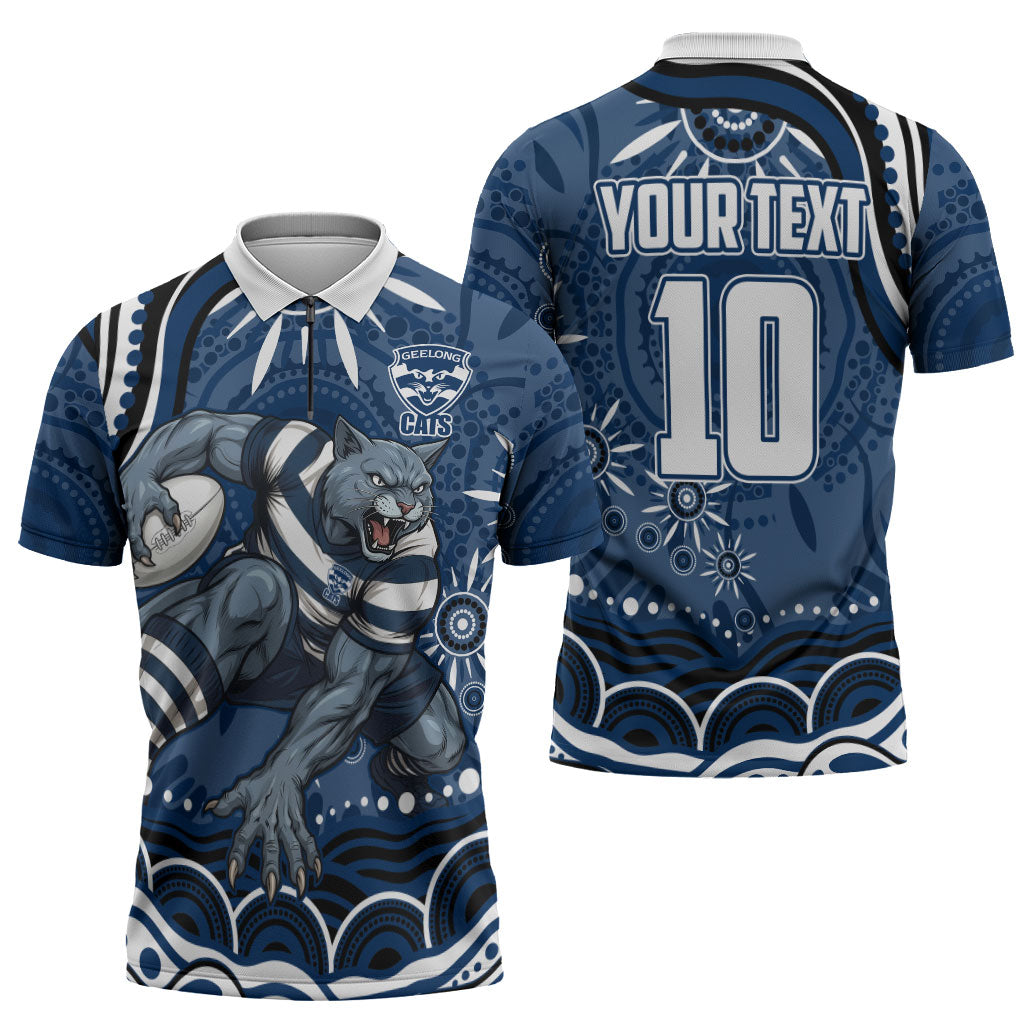 Personalized Geelong Cats Rugby Mascot Zipper Polo Shirt Aboriginal Dot Art - Dreamtime Football Mascot