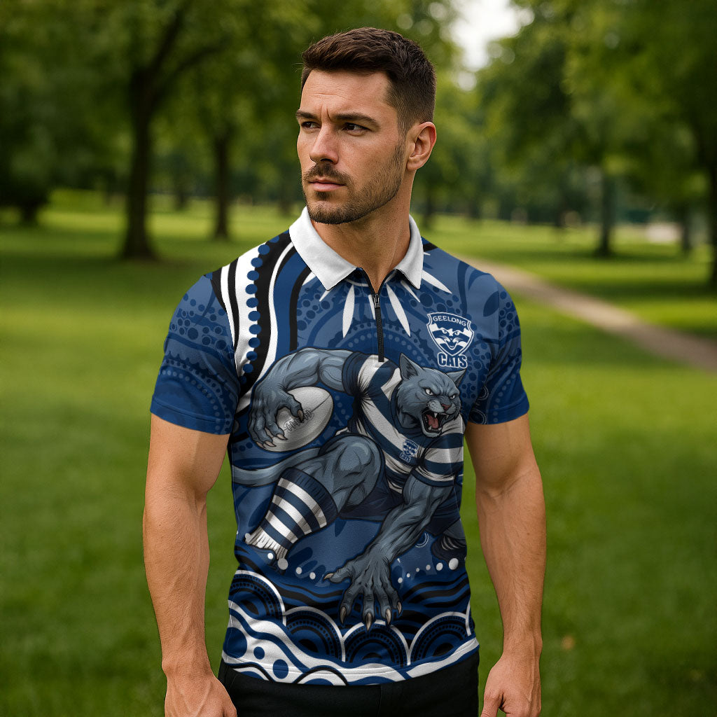 Personalized Geelong Cats Rugby Mascot Zipper Polo Shirt Aboriginal Dot Art - Dreamtime Football Mascot